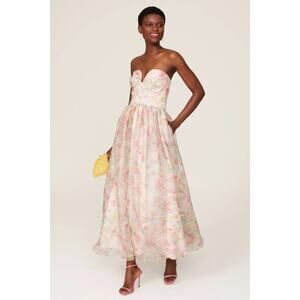 ML Monique Lhuillier Floral Organza Strapless Pink Midi Dress Sweetheart, Size 8